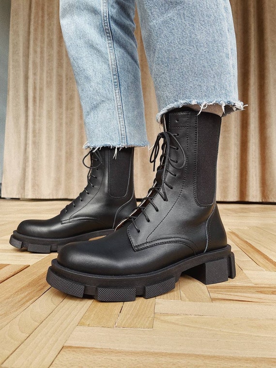 estante Dime Disciplina Botas negras de combate para mujer botas altas con cordones - Etsy México