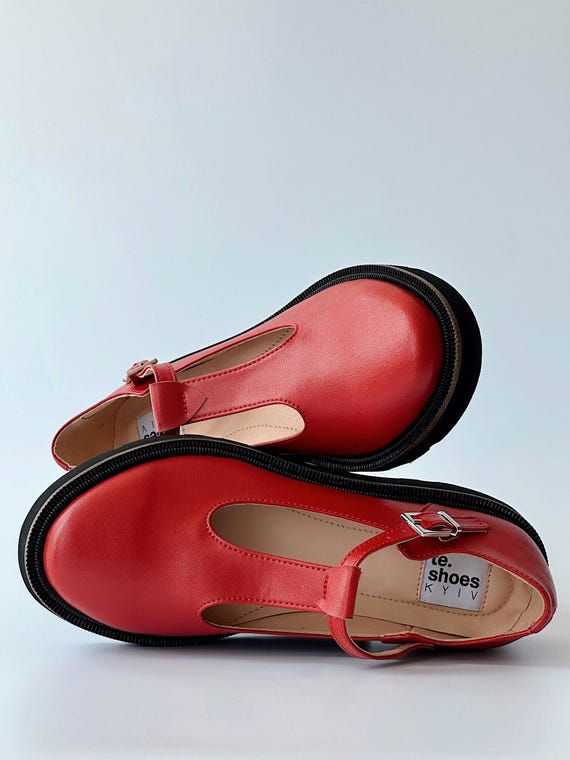 Red Vegan Leather Mary Janes Flat Shoes Women Custom Size 6 Wide Sandals Closed Toe Barefoot Eco Faux Leather Vegan Shoes Size 11 Etsy