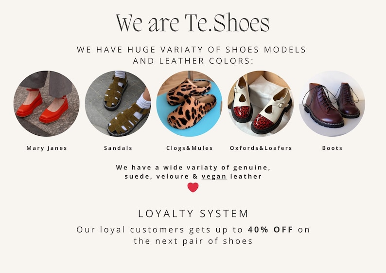 The image is a collage of five different shoe models and colors, showcasing a wide variety of genuine, suede, velour, and vegan leather shoes.
