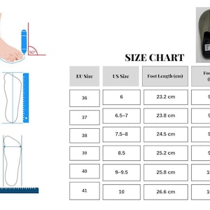 The image is a size chart that provides measurements for various shoe sizes, including EU and US sizes, foot length (cm), and foot length (inches). The chart includes a visual representation of a foot and a pair of shoes to illustrate the measurements.