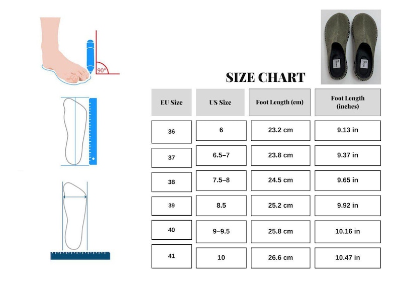 The image is a size chart that provides measurements for various shoe sizes, including EU and US sizes, foot length (cm), and foot length (inches). The chart includes a visual representation of a foot and a pair of shoes to illustrate the measurements.