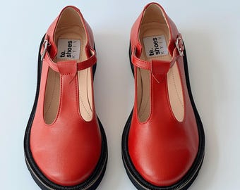 Red vegan leather Mary Janes shoes, flat mary janes, summer shoes