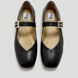 Black genuine leather flat Mary Janes ballet shoes with buckle strap