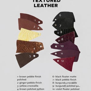 The image is a collage of various leather samples, each with a different color and finish, showcasing different textures and finishes.