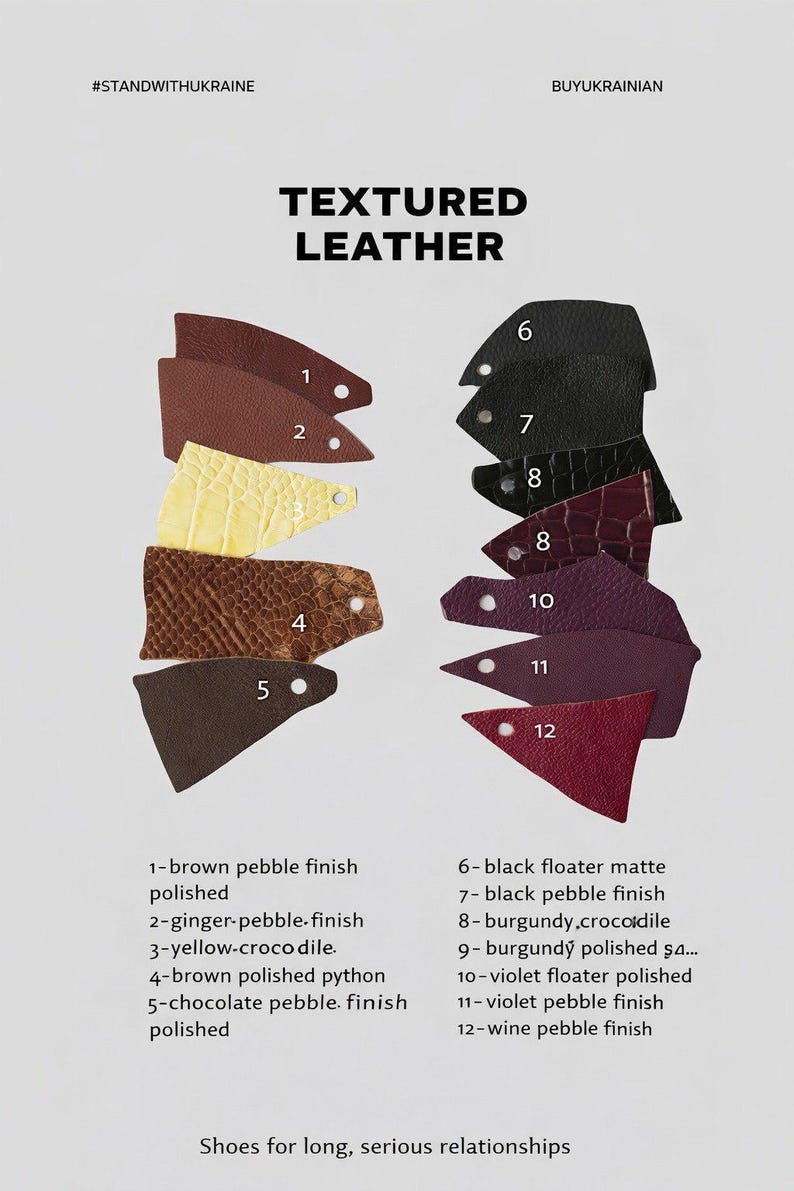 The image is a collage of various leather samples, each with a different color and finish, showcasing different textures and finishes.