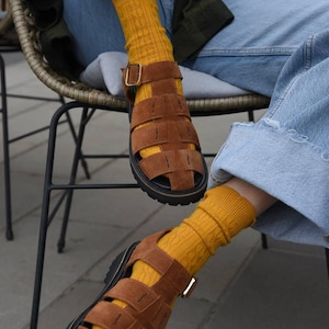 Women fisherman brown sandals, cognac brown leather sandals, gladiator sandals, summer closed toe sandals, flat summer shoes