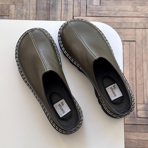 Olive leather platform custom clogs shoes, closed toe slippers, round toe slip on shoes, slide in summer shoes