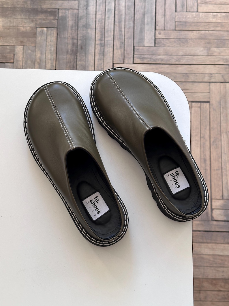 Olive leather platform custom clogs shoes, closed toe slippers, round toe slip on shoes, slide in summer shoes