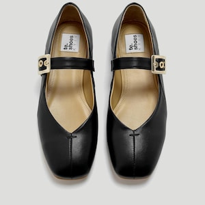 Black genuine leather flat Mary Janes ballet shoes with buckle strap