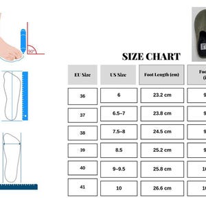 The image is a size chart that provides measurements for various shoe sizes, including EU and US sizes, foot length (cm), and foot length (inches). The chart includes a visual representation of a foot and a pair of shoes to illustrate the measurements.