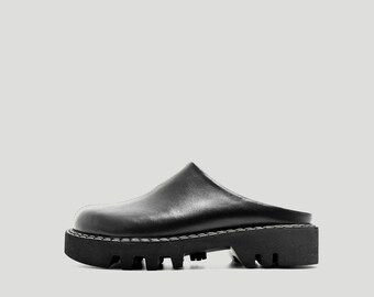 Black leather platform clogs mules women, sliding shoes, handmade footwear
