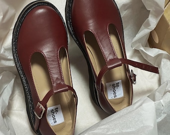 Burgundy leather barefoot Mary Jane shoes, Platform Mary Janes, barefoot womens loafers, leather moccasins with buckle