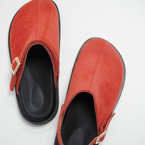 Clogs & mules red shoes, shoe woman, red suede leather clogs slippers, ladies red leather mule slippers, spring style, red women sandals