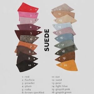 The image is a color swatch for suede shoes, displaying various shades of suede in a grid format.