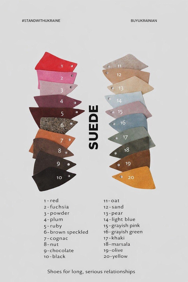 The image is a color swatch for suede shoes, displaying various shades of suede in a grid format.