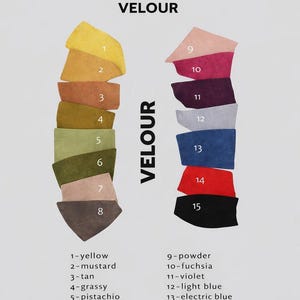 The image is a color chart titled "VELOUR" that displays various shades of yellow, mustard, and black, along with their corresponding names.