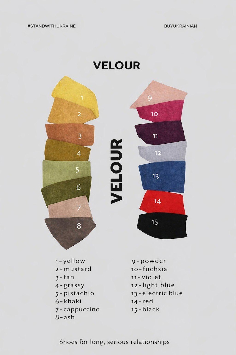 The image is a color chart titled "VELOUR" that displays various shades of yellow, mustard, and black, along with their corresponding names.