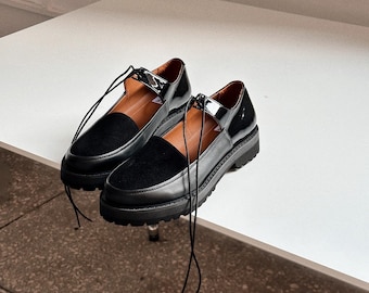 Black leather Mary Jane platform shoes women, Custom made lacing shoes closed toe sandals, handmade moccasins shoes
