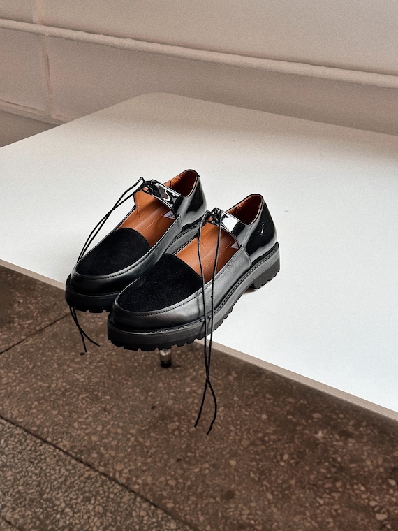 Black leather Mary Jane platform shoes women, Custom made lacing shoes closed toe sandals, handmade moccasins shoes