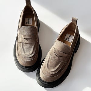 Brown Suede leather loafers, Round toe Chunky loafers, Platform penny loafers shoes women, comfortable fall shoes, slip on loafers