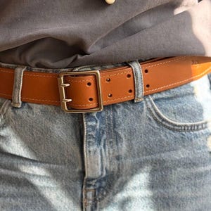 Durable Brown leather belt women with metal double holes buckle, casual red full grain leather belt men, wide belt with massive buckle