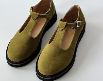 Zapatos Mary Jane de ante verde para mujer, zapatos planos Mary Jane, sandalias de verano hechas a mano