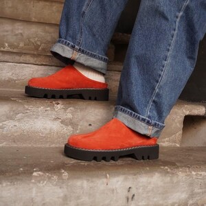 Red suede leather shoes custom made clogs, leather slippers women, slip on mules, slip on clogs sandals, platform wide toe mules women
