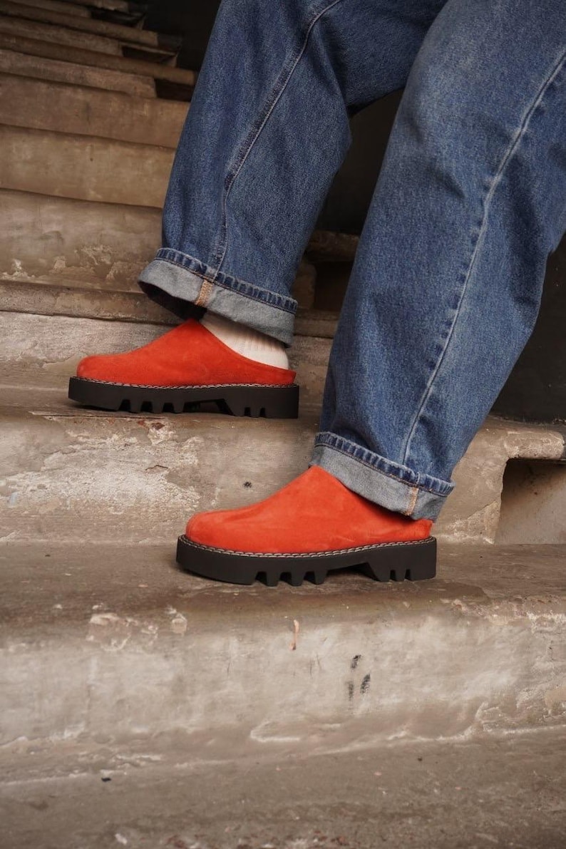 Red suede leather shoes custom made clogs, leather slippers women, slip on mules, slip on clogs sandals, platform wide toe mules women