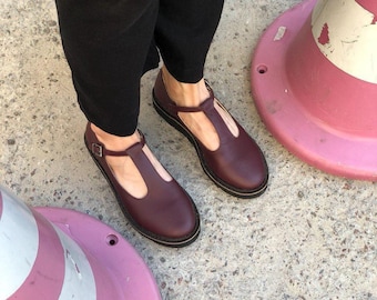 Real leather flat summer mocassins women - slip on summer shoes, t-strap Mary Janes shoes, round toe custom made shoes