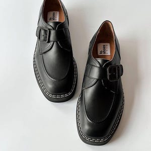 Elegant closed square toe buckle monk shoes women, black leather custom loafers shoes, low platform formal shoes, leather oxfords shoes