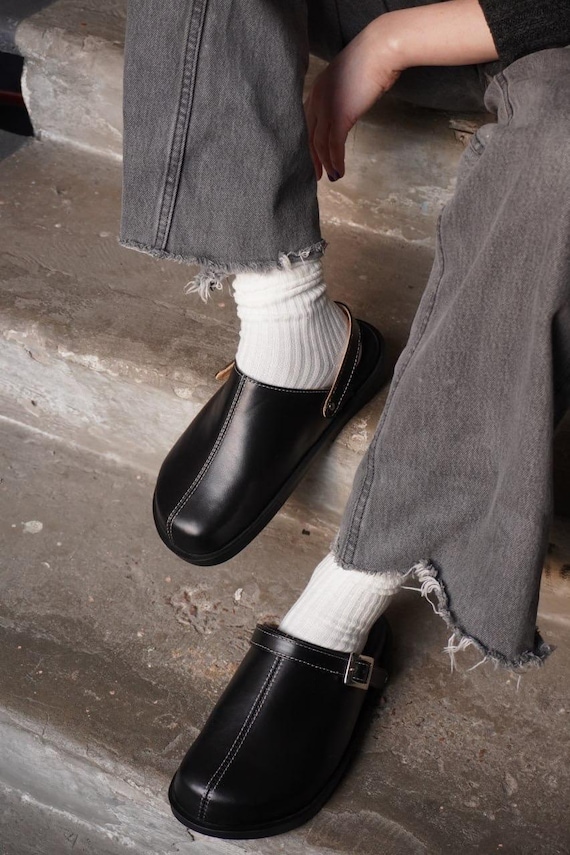 Black Vegan Leather Clogs, Wide Toe Handcrafted Barefoot Slip Ons