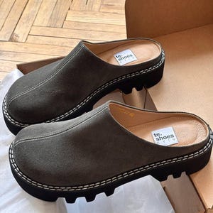 Grey Suede Leather Clogs, Platform Slip On Shoes, Handmade Leather Mules