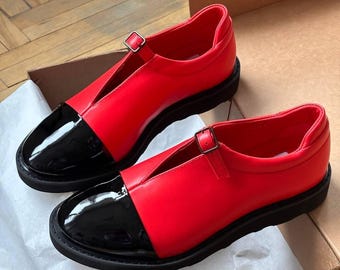 Customized Handmade Red & Black Leather Mary Janes Shoes Women, Cute narrow toe shoes, Leather loafers