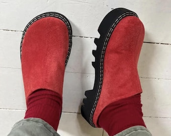Red suede leather platform clogs women, custom made slippers summer shoes, slip on shoes women, red leather slides shoes, handcrafted shoes