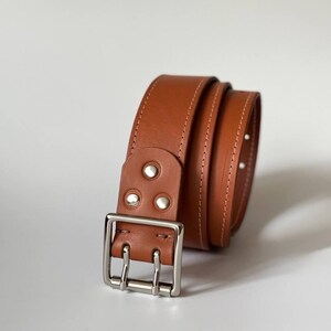 Cognac Brown real leather unisex belt with metal buckle and double holes, designer casual leather belt gift, wide red belt massive buckle