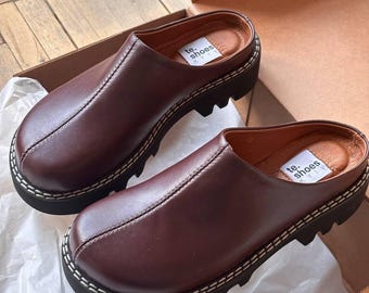 Red burgundy leather platform clogs shoes, closed toe slippers, leather mules, round toe slip on shoes, slide in summer shoes