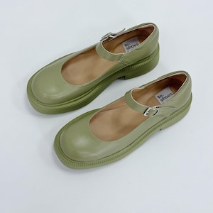Olive Vegan leather platform Mary Jane shoes woman, Round toe Custom made eco leather shoes