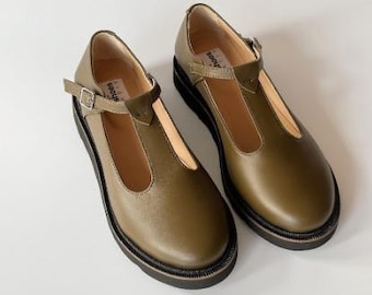 Green olive genuine leather mary janes shoes with t-strap, custom made flat summer shoes women, round toe leather moccasins, dress shoes
