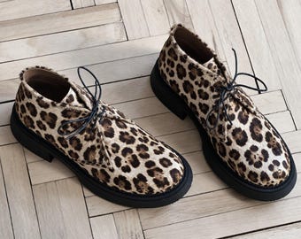 Leopard Print Leather Ankle High Boots – Handmade Lace-Up Desert Shoes, Platform Short Boots Women