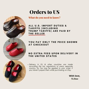 The image is a collage of three images showing different pairs of shoes, with text providing information about the orders to the United States.