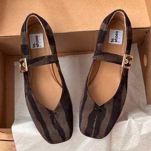 Cute printed leather ballet shoes with arch buckle strap, summer flat shoes, dress shoes, square toe women&#39;s shoes