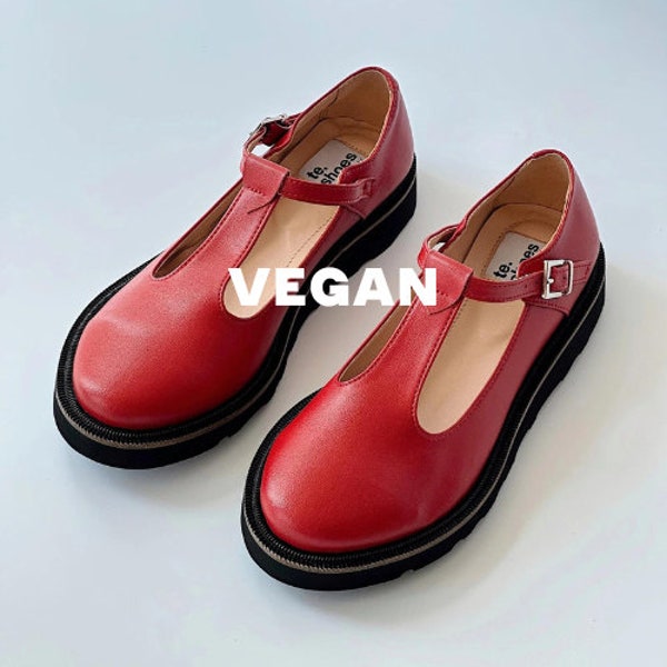Vegane Schuhe Frauen, Rote vegane Schuhe, Mary Janes Schuhe, Umweltfreundliche Schuhe, Vegane Lederschuhe, Vegane Plateauschuhe
