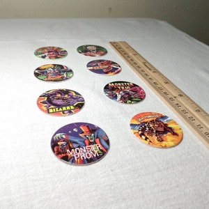Vintage milk cap game, vintage pog game, pog discs, milk tabs, 90&#39;s trends, 90&#39;s kids, monster characters, monster milk caps, used