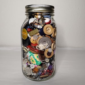 Mystery jar, button, mason jar, knick knacks, 27 oz, jewelry, odds and ends, 2000s, 90s, mystery bundle, jar, surprise, beads, earrings, fun