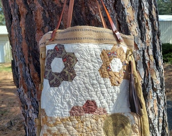 Handmade repurposed boy scout backpack tote, vintage quilt, leather handles and tassel