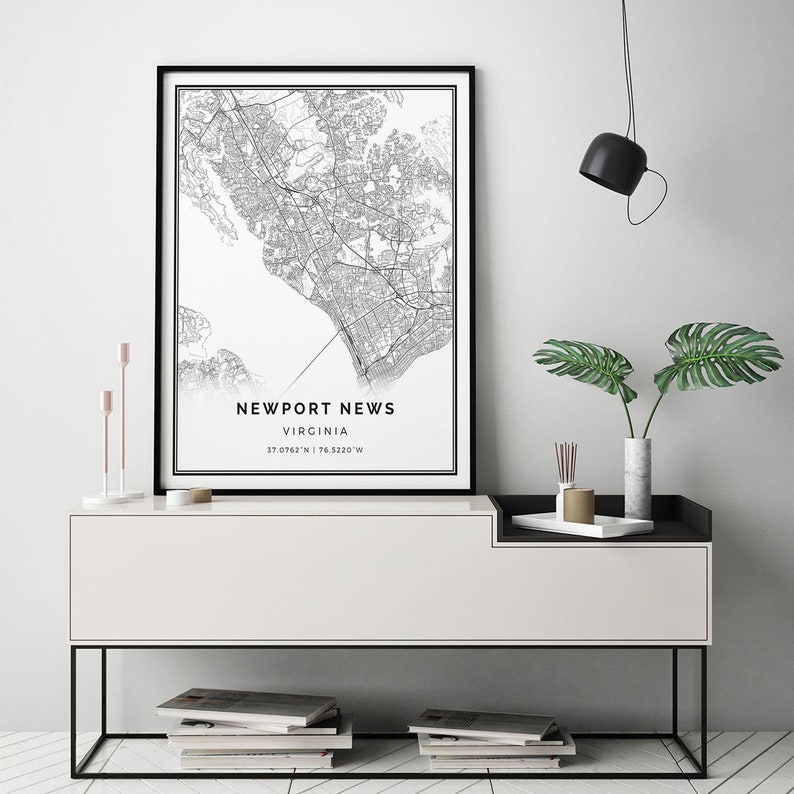 Map Wall Art City maps Artwork Newport News map print Virginia gifts Scandinavian wall art poster M135