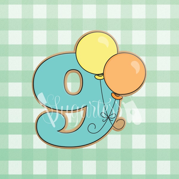 Number Nine 9 with Balloons Cookie Cutter; Ninth Birthday Party Celebration, Cutout Center Options