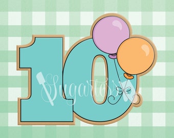 Number Ten 10 with Balloons Cookie Cutter; Tenth Birthday Party Celebration, Cutout Center Options