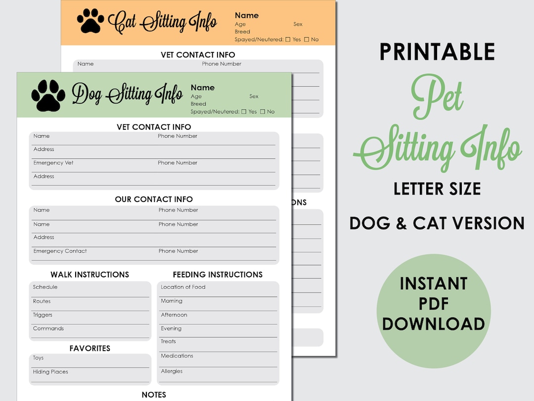 Pet Sitter Guide Printable, Editable PDF Pet Care Sheet, Dog & Cat ...