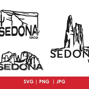 May include: Black and white vector graphics featuring Sedona, Arizona landmarks. Each design includes the word "Sedona" and the year "1902". The graphics are in SVG, PNG, and JPG formats.
